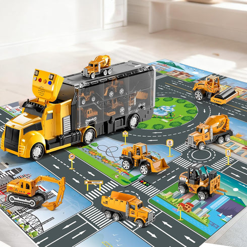 NIPLOOOW Set Set 3 4 5 6 3-4 3-9 Construction Trucks Toy with Play Mat, Carrier Truck Play Vehicles for Years Old Boys