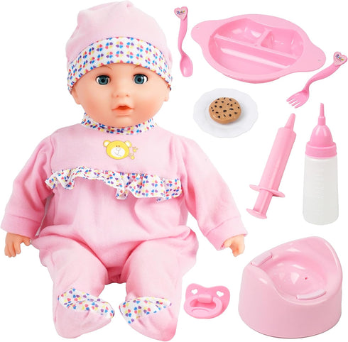 Interactive Baby Doll Pink - 16 Inch Crying Talking Feeding Doll with Sounds and Accessories for 2-5+ Year Olds