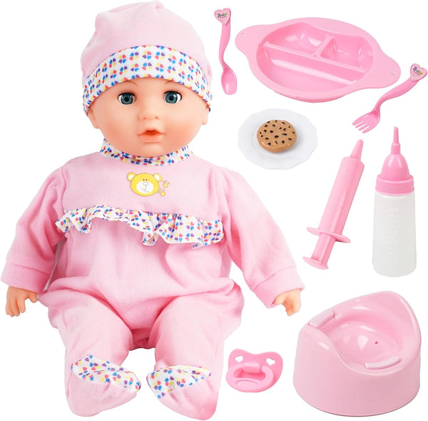 Interactive Baby Doll Pink - 16 Inch Crying Talking Feeding Doll with Sounds and Accessories for 2-5+ Year Olds