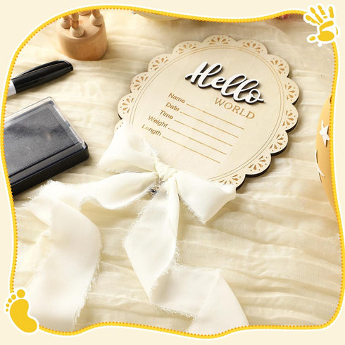 Threehoney 7 Inch Baby Announcement Sign Double Sided Wooden Hello World Newborn Engraved Sign with Organza Bag Marker