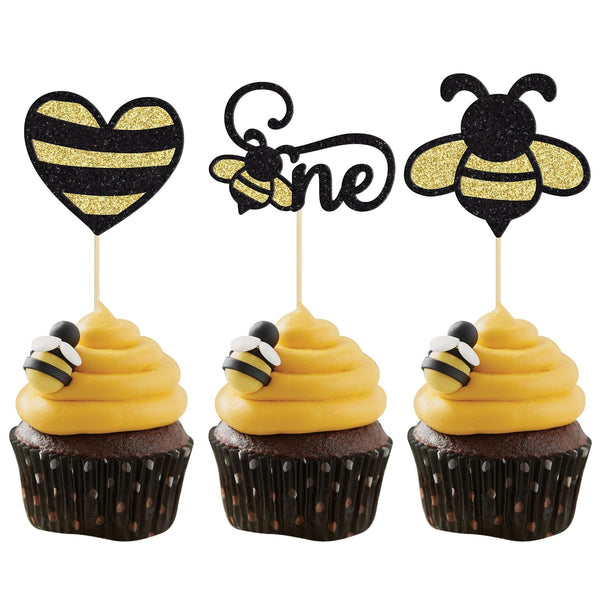 Gyufise 24Pcs Bumble Bee Cupcake Toppers, Heart Bumble Bee Cake Decorations for 1st Birthday Baby Shower Party Supplies