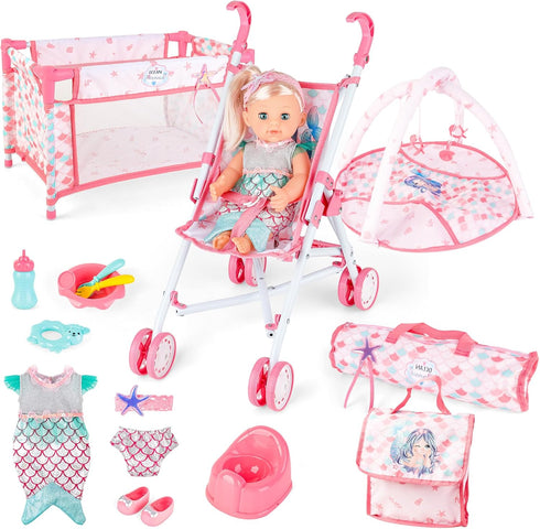 deAO Baby Doll Stroller Crib Bed Nursery Role Play Set, Baby Doll Accessories with Travel Cot and Foldable Stroller