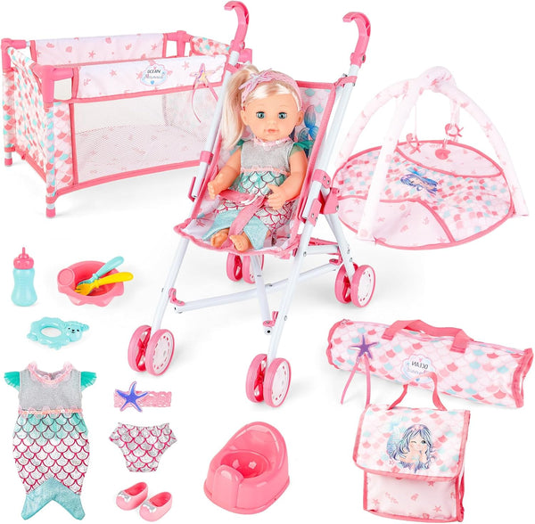 deAO Baby Doll Stroller Crib Bed Nursery Role Play Set, Baby Doll Accessories with Travel Cot and Foldable Stroller