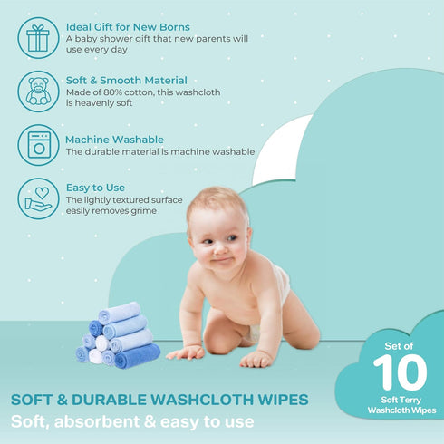 Spasilk Washcloth Wipes Set, Soft Terry Washcloth Set for Newborns, Pack of 10, Blue
