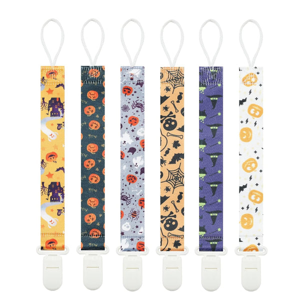 Halloween Pacifier Clips 6 Pack Binkie Paci Holder Clips for Boys and Girls Fits Most Pacifiers & Toys (Bone, Skull,