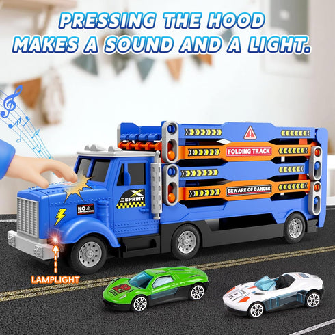 Set 55-Inch 6 3 4 5 6 7 HONGTUO Toddler Truck Track with Lights & Sounds Racing Track with Die-Cast Cars, Perfect
