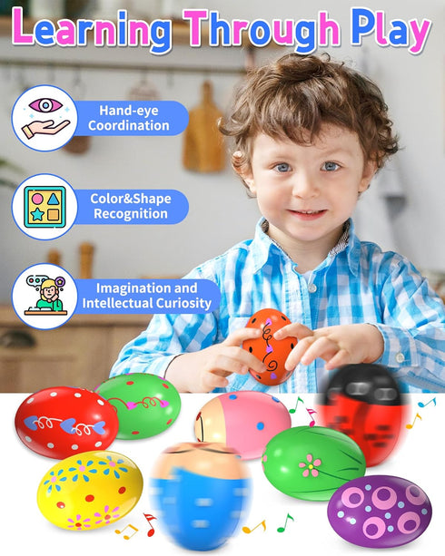 9 Pack Wooden Percussion Musical Shake Easter Eggs with Toys Inside, Montessori Gifts for Kids Ages 3-5