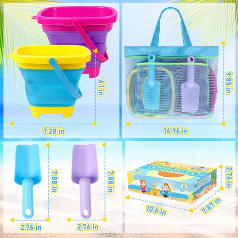2 Packs Collapsible Beach Buckets for Kids, Foldable Sand Buckets and Shovels with Mesh Beach Bag, Silicone Sand Pails
