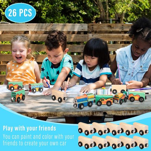 Lenwen 26 Pcs Unpainted Magnetic Wooden Train Cars - DIY Unfinished Train Set for Boys Girls Party Favors