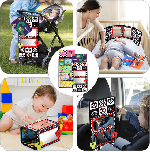 Tummy 3 6 12 Time Floor Mirror with Crinkle Cloth Book and Teethers, Double-sided Baby Mirror Black and White High