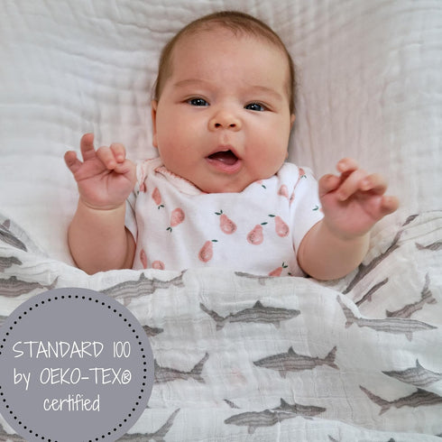 Swaddle Blanket, 100% Muslin Cotton, Newborn Nursery Essentials for Boys, Shark Print