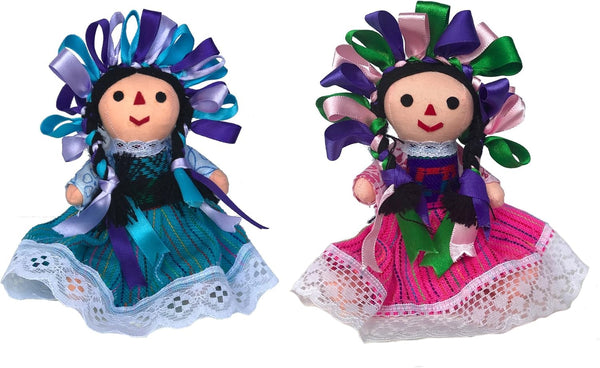 ALKIMIA INC Mexican Handmade Traditional Rag Dolls - 2 Pack, 7 inches, Pink & Blue