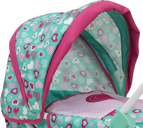 509 3+ Crew: Mint Heart - Daisy Doll Pram - Pink & Green, Bassinet, Storage Basket, Retractable Canopy, Folding