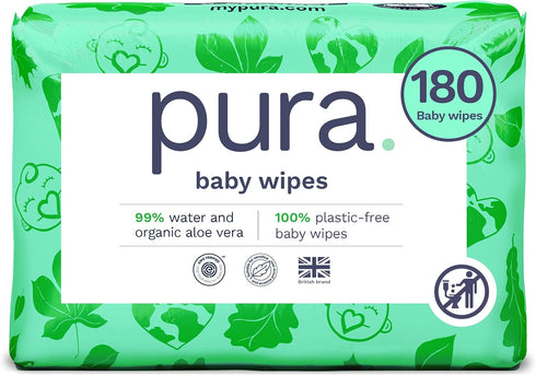 Pura Natural Sensitive Baby Wipes, 99% Water, Unscented & Hypoallergenic, Suitable for