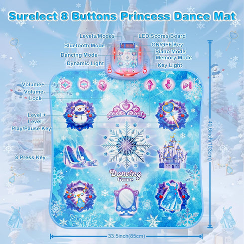 2024 8-Button Frozen Dance Mat with Wireless Bluetooth, Upgraded Light Control System for 3-12 Year Old Girls