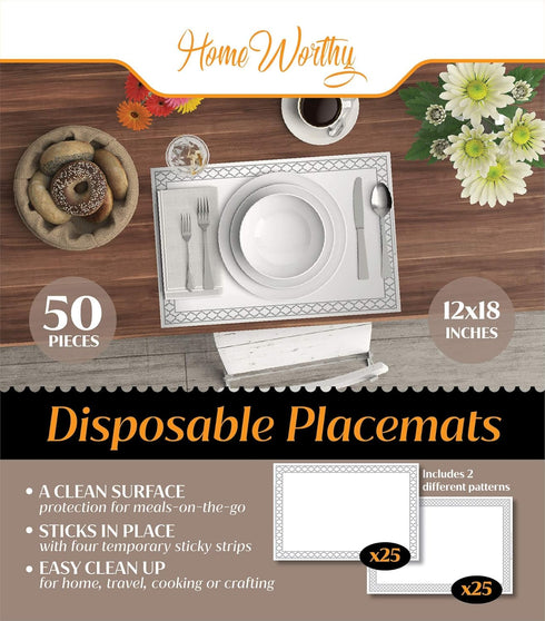 White Disposable Placemats, 40 Pack for Baby, Kids, Adults - Sticky Plastic Table Topper for Restaurants and Crafts