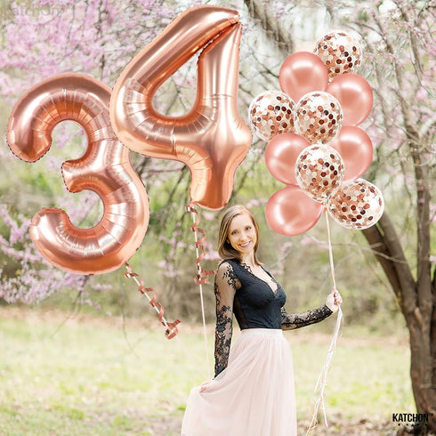 KatchOn Rose Gold 34 Balloon Set, 40 Inch, 34th Birthday Decorations for Women with Confetti Balloons