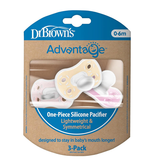 Symmetrical 0-6m, 3-Pack Dr. Brown's Advantage One-Piece Silicone Baby Pacifier, Fully Soother, Ecru/Light Pink/Pink