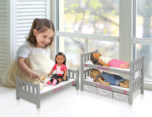 Badger Basket Convertible Doll Bunk Bed with Storage Baskets and Personalization Kit for 20 inch Dolls - Gray