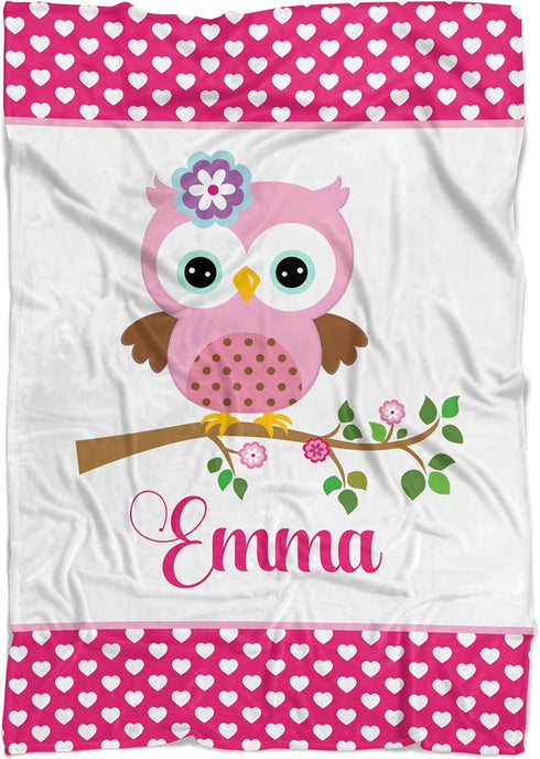 Owl Blanket - Hot Pink Hearts Bird Owl Personalized Name Blanket