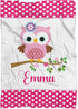 Owl Blanket - Hot Pink Hearts Bird Owl Personalized Name Blanket