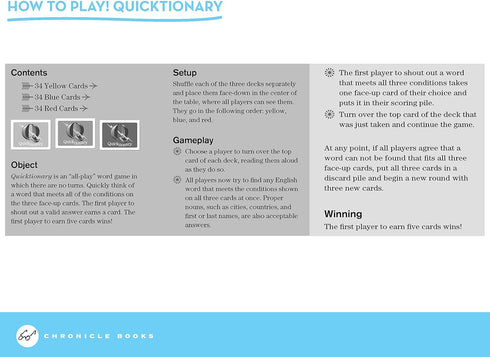 Chronicle Books Quicktionary: A Game of Lightning-Fast Wordplay, Includes 102 prompt cards; 1 rule book
