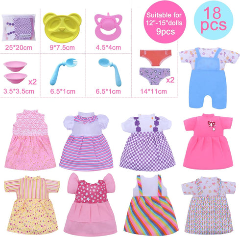 Digabi 12'' 13'' 14'' 15'' 360Sewing Pack 18 Set Baby Doll Clothes - Fits Girl Baby Dolls Clothes Dresses