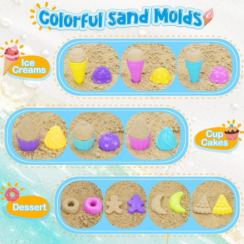 Ice Cream Beach Toys Sand Toys Set for Kids, Collapsible Sand Bucket and Shovels Set with Mesh Bag, Sandbox Toys for