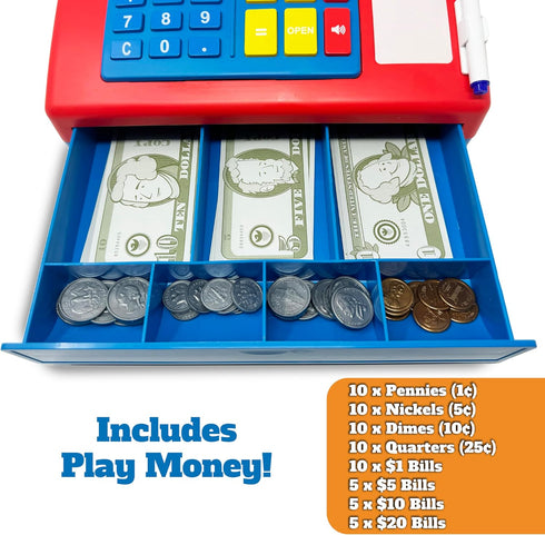 67-Piece Set Dr. STEM Toys Solar Powered Calculator Pretend Cash Register with Play Money for Learning Math Skills