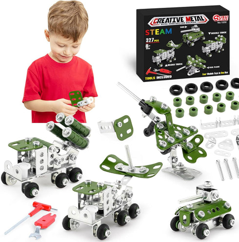 Building Toys for Boys Age 8-12, Erector Sets 4 Mini Army Vehicles Model, DIY Educational Birthday Gifts for Kids
