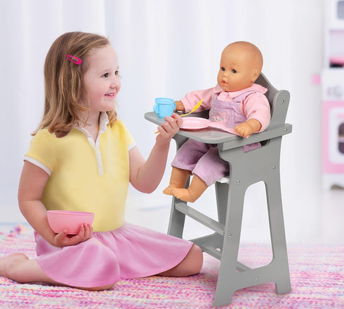 18 Inch Badger Basket Executive Doll High Chair - Wooden Toy Chair with Liftable Tray, Fabric Seat Trim, and Realistic
