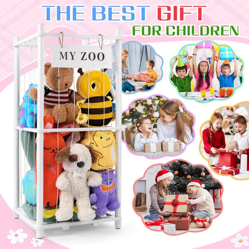 GLDZI Stuffed Animal Storage Zoo, Wooden Stuffed Animal Organizer with Elastic Cords for Boys Girls, Space Saving Toy