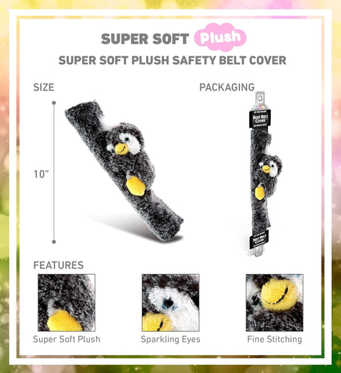 DolliBu Black Penguin Plush Car Seatbelt Cover, Soft Fluffy Cushion Support for Safety Seat Belt Strap