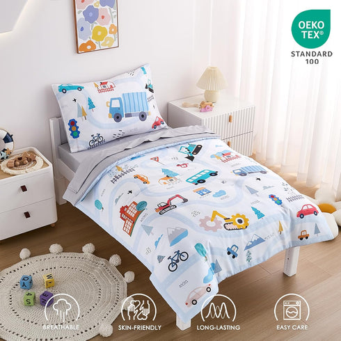 4-Piece Set Set Cars Toddler Bedding for Boys Girls- Soft & Skin Friendly Toddler Bed Includes Toddler Comforter, Flat