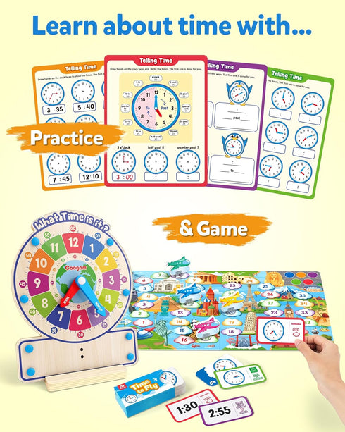 3 4 5 Coogam Wooden Clock Teaching Time Toy, Analog Digital Clock with Fly-Telling Time Board Game, Montessori Time