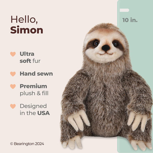 Bearington Simon Plush Three Toed Sloth Stuffed Animal, 10 Inches