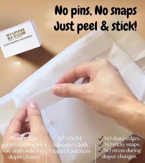 KJ.VOOM (2 100 Adhesive Cloth Diaper Fasteners Peel-Stick-Adjust | Replaces Diaper Pins & Snaps | Hook-&-Loop Tabs