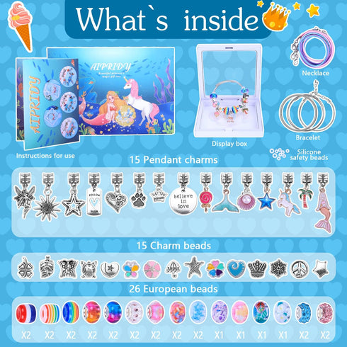 AIPRIDY Charm Bracelet Making Kit, Unicorn Mermaid Crafts Gifts Set for Girls 5-12 Years Old, 72 Pieces Mermaid Aqua
