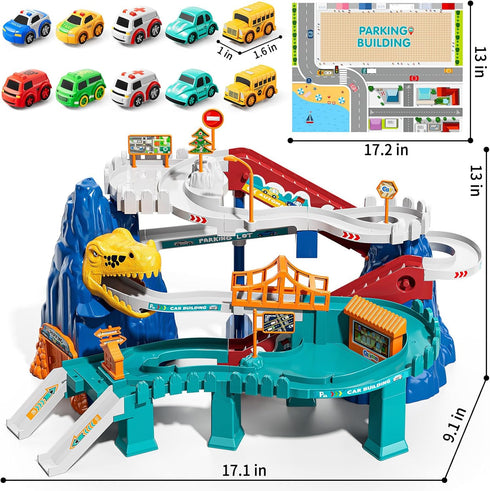 NIPLOOOW Playset 3-5, Set 10 3 4 5 6 7 8 Dinosaur Race Track for Boys Kids Dinosaur Climbing Hills Car Track Play