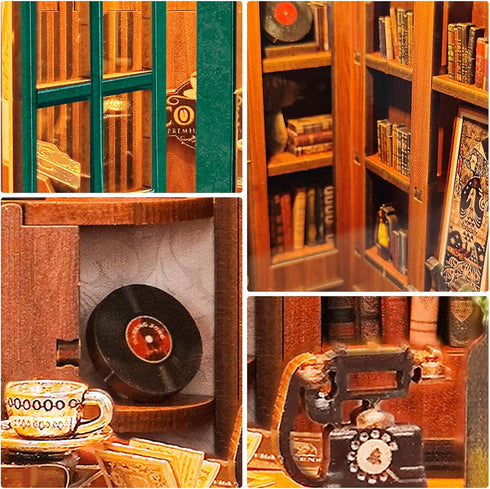 Set DIY Book Nook Kit, Miniature Bookshelf Decor with LED Lights, Laser-Cut Wooden Craft for Adults, Creative Gift