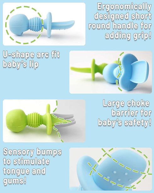 6 Pcs Silicone Baby Spoons and Forks Set - Toddler Utensils for Led Weaning, Chewable for Self-Feeding