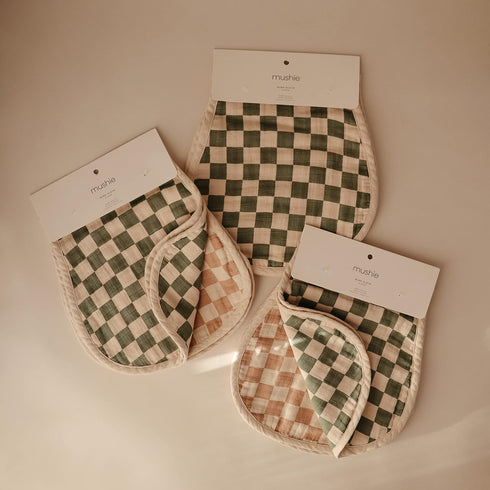 mushie Muslin Baby Burp Cloths | 100% Organic Cotton, Set of 2 (Olive Check/Natural Check) by mushie
