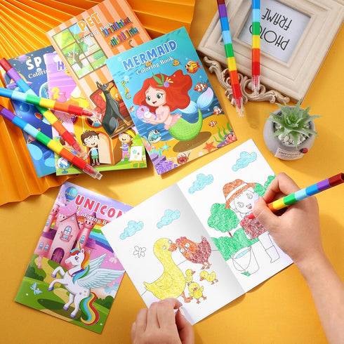Set 4-8-12 Travel12+12Pcs BenLouis Coloring Books for Kids With Stacking Crayons Mini Coloring Books Bulk for Ages