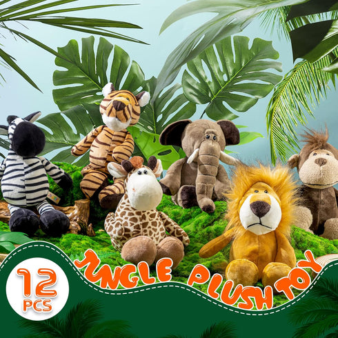 12 Pieces Safari Stuffed Animals, 11.8 Inch Jungle Animal Toys Set for Boys Girls Plush Forest Animals