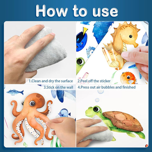 4Sheets 52Pcs Ocean Sea Animals Wall Decals Stickers, Under The Sea Wall Stickers Fish Turtle Jellyfish Ocean Creature