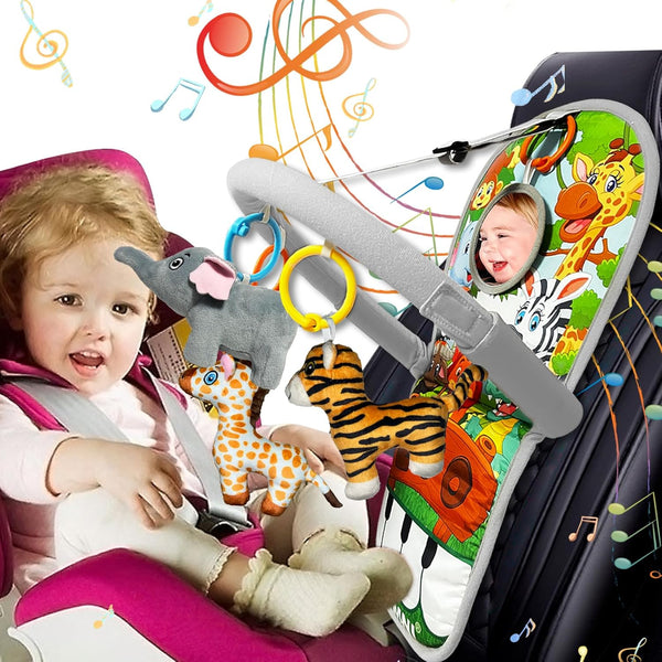 Car Seat Toys for Baby 6 to 12 Months, Musical Pedal Piano, Baby Travel Toys with Mirror and Squeaky Animal Toys
