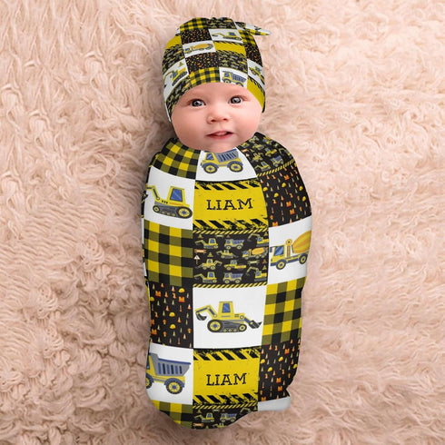 YallLocoMo Personalized Baby Swaddle Blanket for Boys Girls Construction Traffic Car Custom Name Receiving Blanket