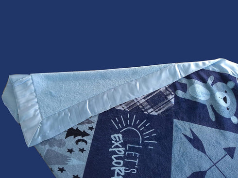 Baby Blankets with Name and Year (Blue, 30x40) Woodland Animals Bear Adventure for Newborn Baby Room Nursery Christening