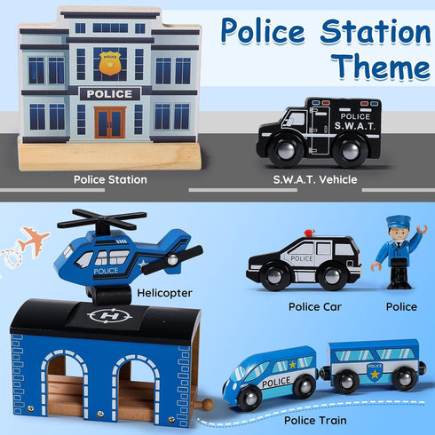 Set Playset SainSmart Jr. Wooden Train - Interactive Police for Kids | Building Toy with Train, Figures & Accessories |