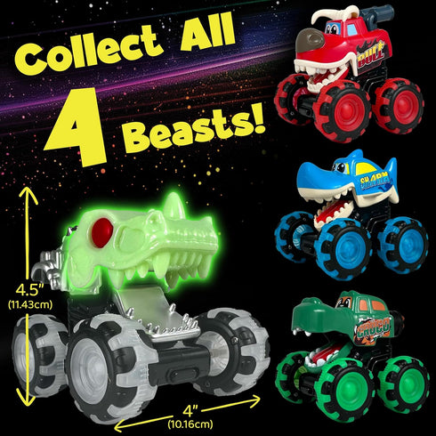 stargo 3 Pack Monster Truck Toy - Motion Activated Light-Up Cars for Toddlers Bull, Shark, Glow in the dark Skull Pull
